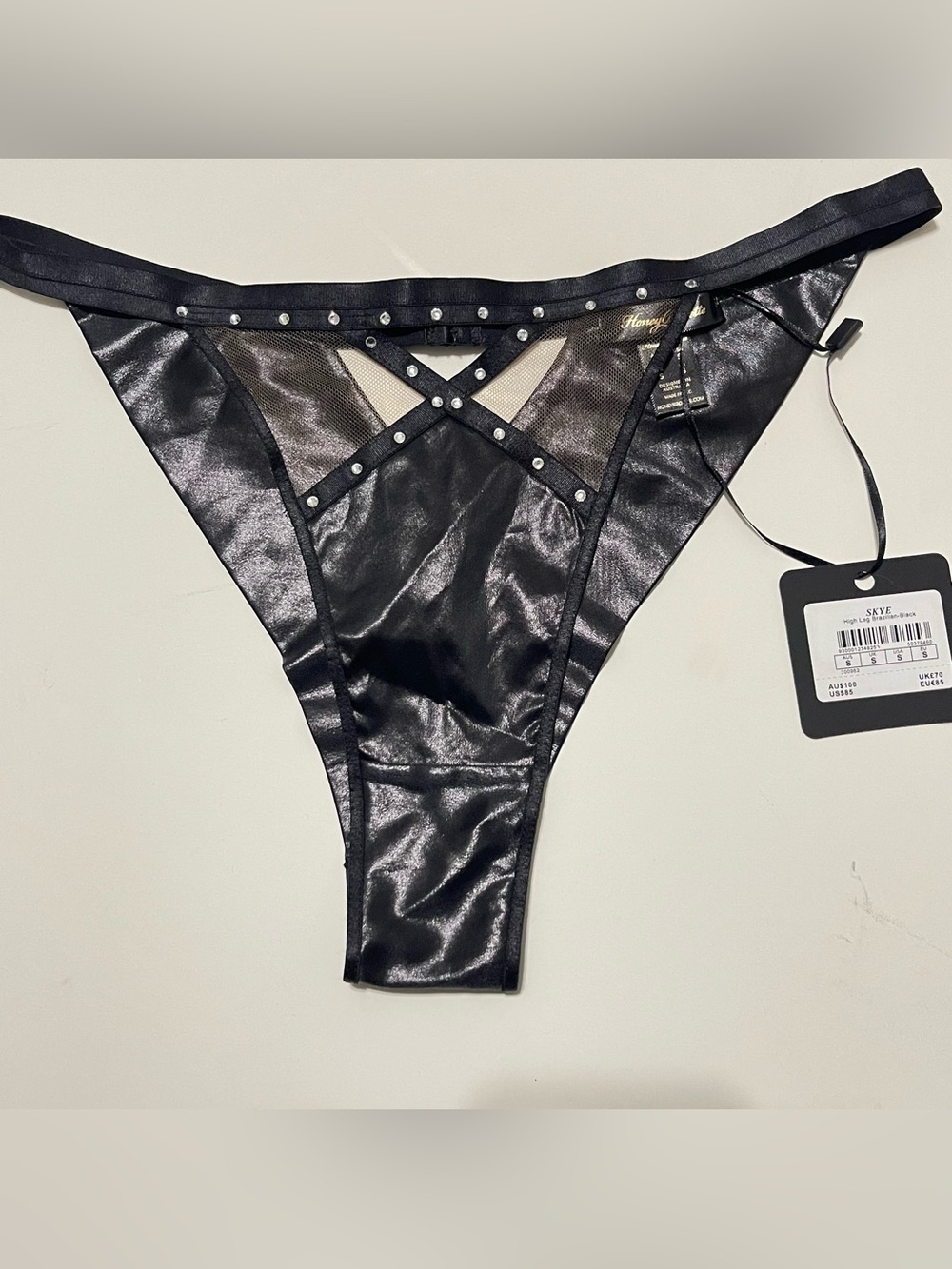 Honey Birdette Black Faux Leather & Mesh Rhinestone Thong Panty NWT Size S